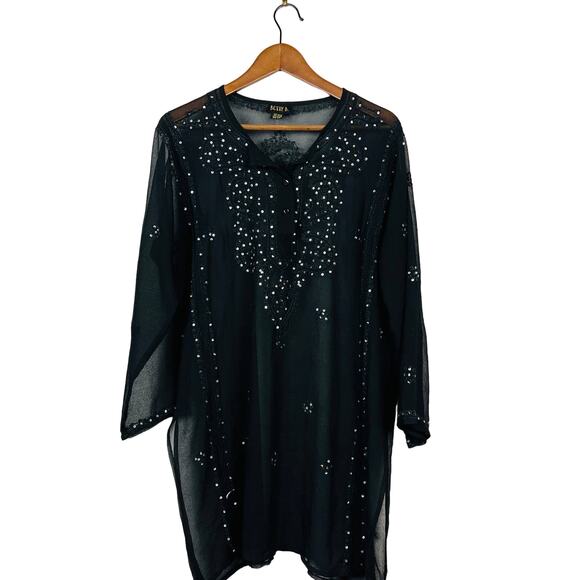 Betty B Sheer Sequin Dress Coverup Long Sleeve V Neck Black OSFA - Picture 4 of 6